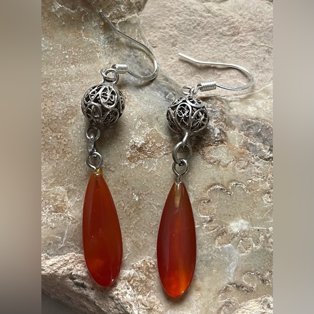 Silver & Carnelian bohemian dangling earrings, vintage - Picture 5 of 8
